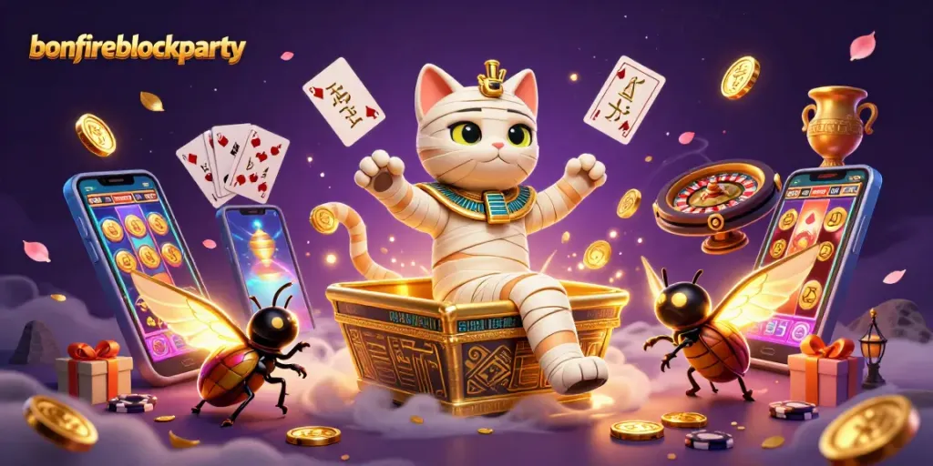 Experience thrilling spins at bonfireblockparty with a 3D Egyptian casino scene pulsating with gaming energy.