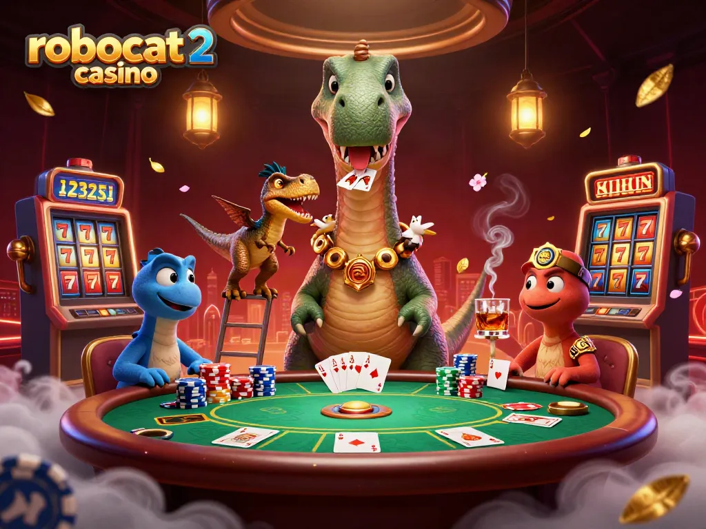 Engage with robocat 2 casino's vibrant scene featuring a brontosaurus overseeing a poker table.
