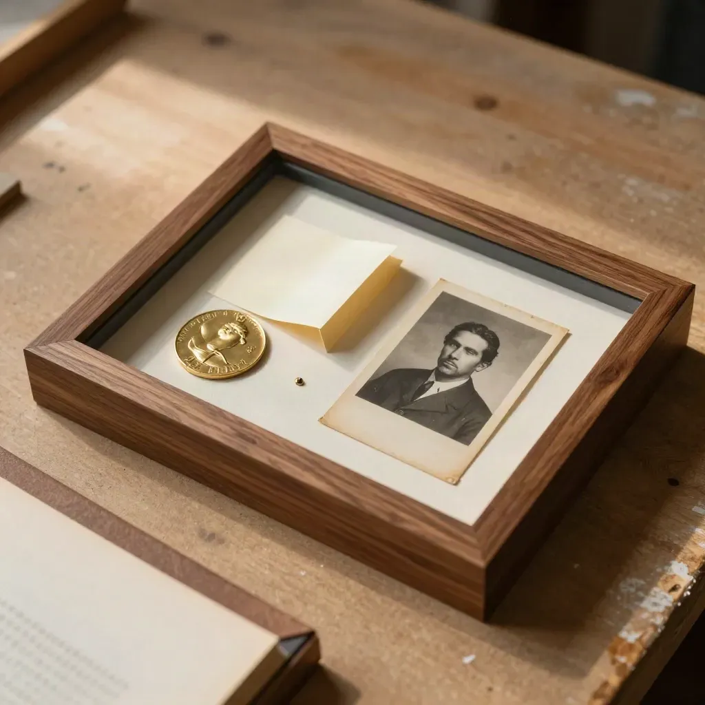 Caja de sombras con medalla, foto vintage, pin y sobre doblado sobre madera cálida.