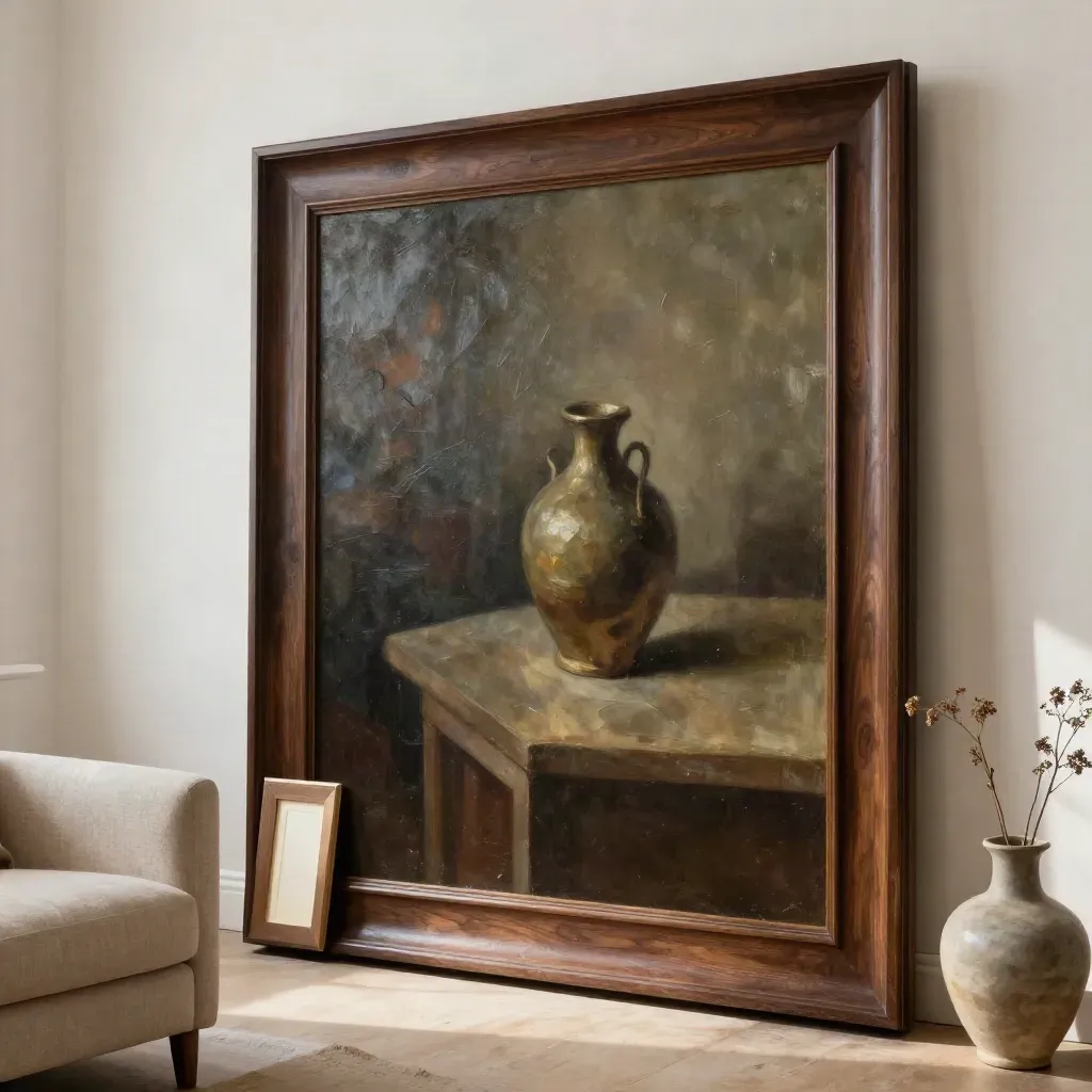 Cuadro al óleo en marco nogal junto a sofá de lino y jarrón pedestal, en luz cálida de galería.