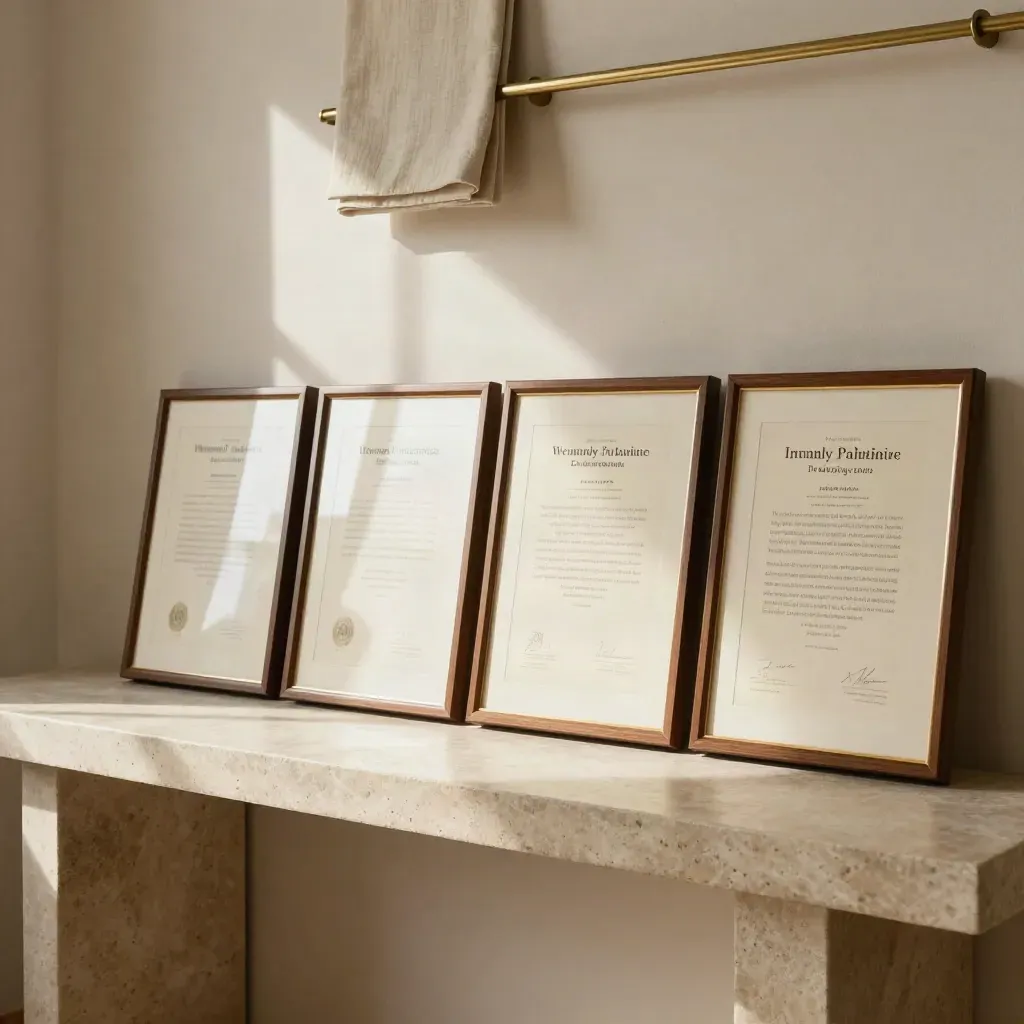 Cuatro diplomas enmarcados sobre una credenza de piedra, con luz suave y acento dorado.