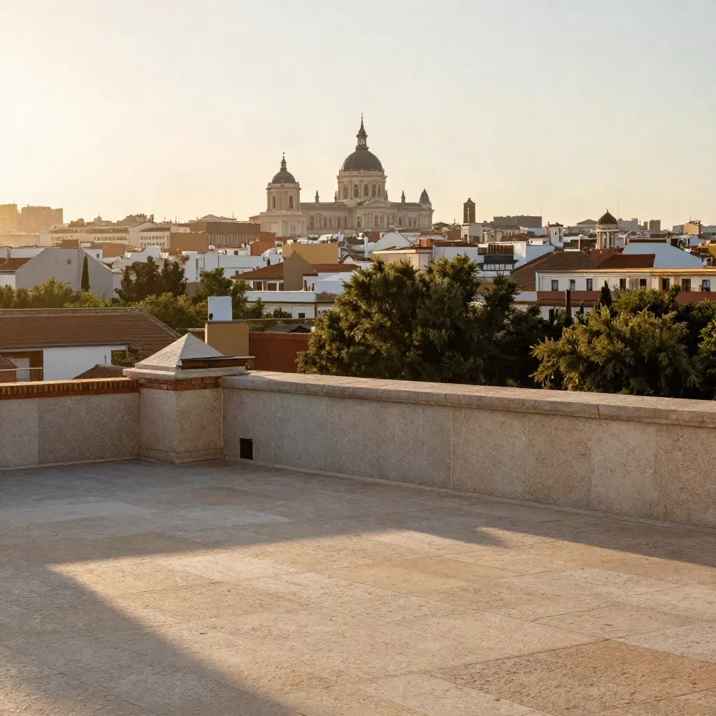 Azoteas de Madrid al atardecer con cúpulas, árboles y bruma dorada sobre piedra clara.