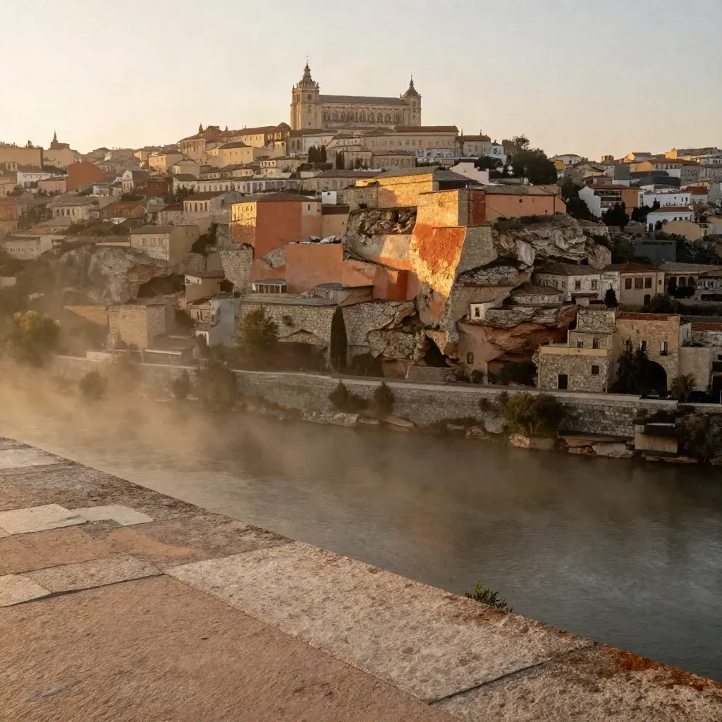 Vista de Toledo al atardecer con el río Tajo, murallas ocre y niebla suave.