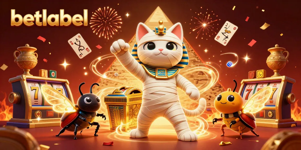 Betlabel engages players with a lively 3D illustration of a casino scene featuring a mummy cat and unique Egyptian elements.