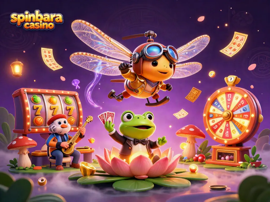 Experience the thrill of spinbara casino with a vibrant dragonfly pilot and frog croupier in action